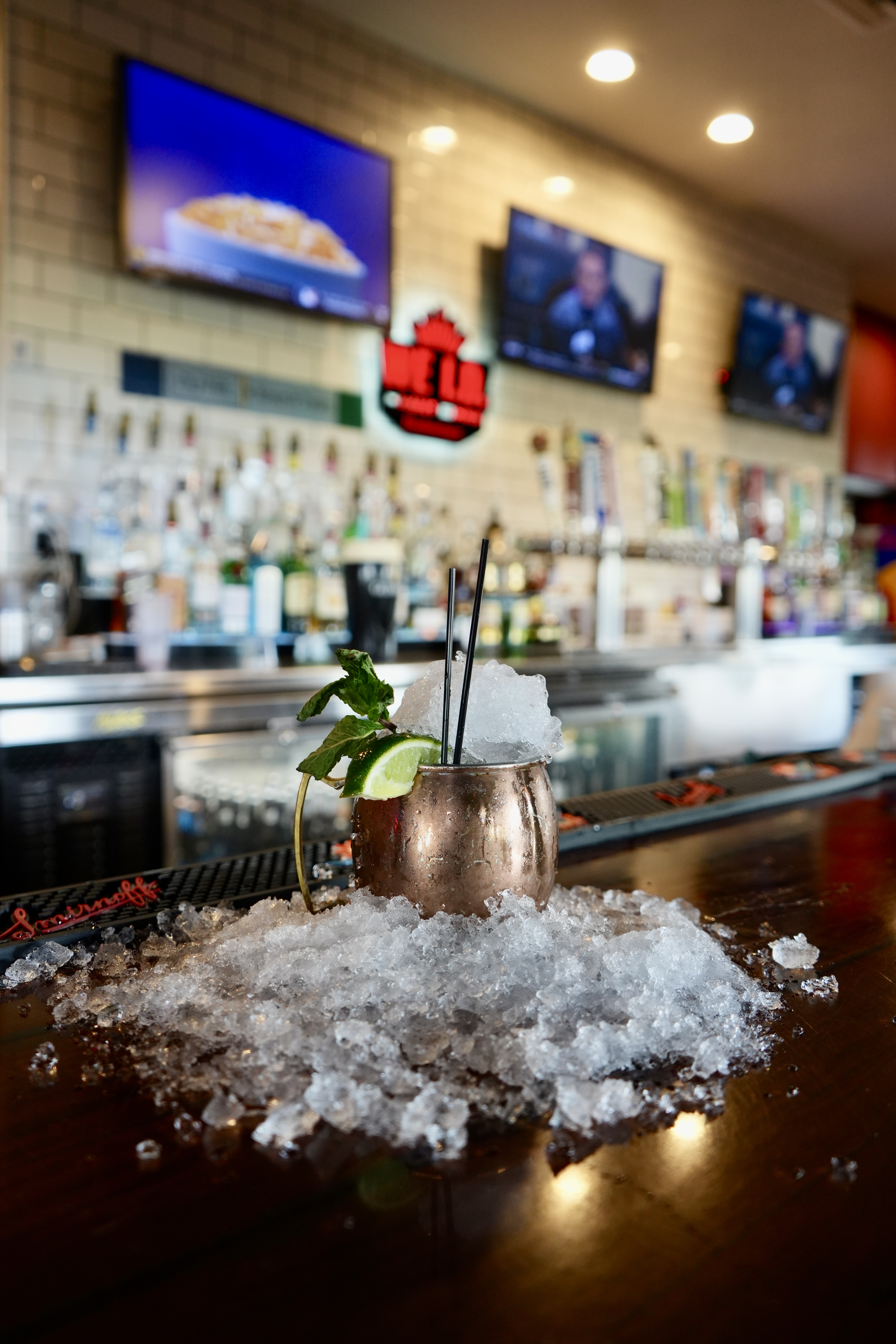 Moscow mule over crushed ice at the bar